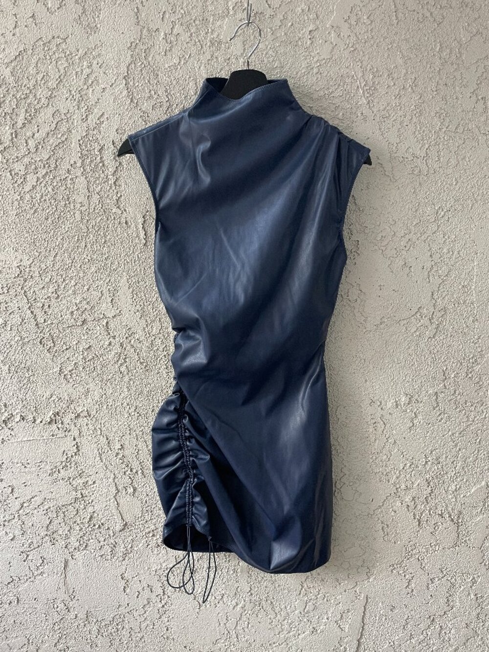 NWT Mars The Label Navy Blue Faux Leather Ruched Mini Dress US 6 UK 10